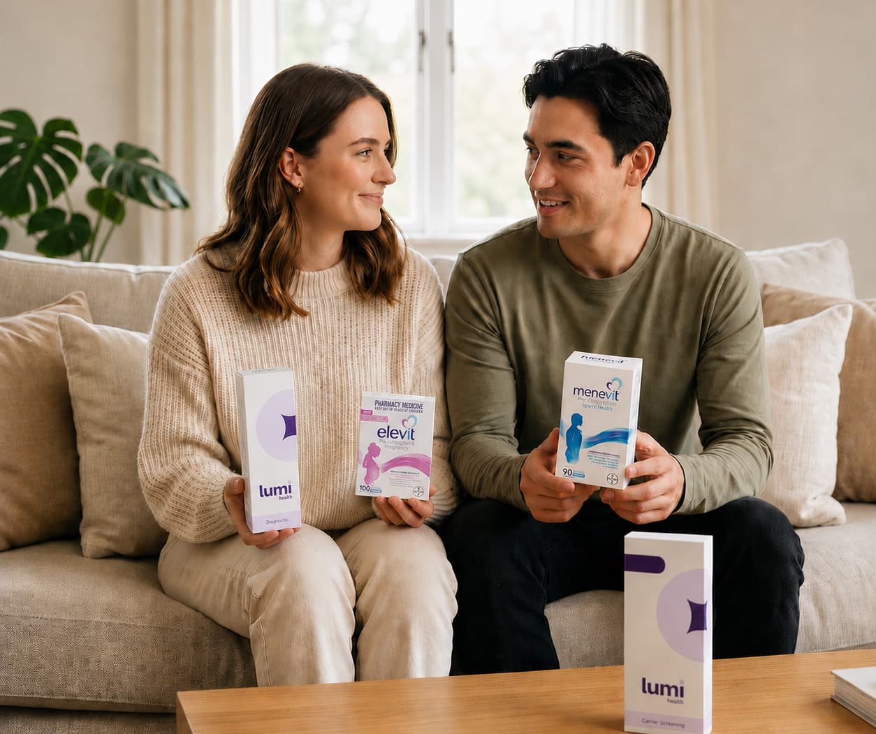 A smiling couple holding elevit, menevit, and lumi kits