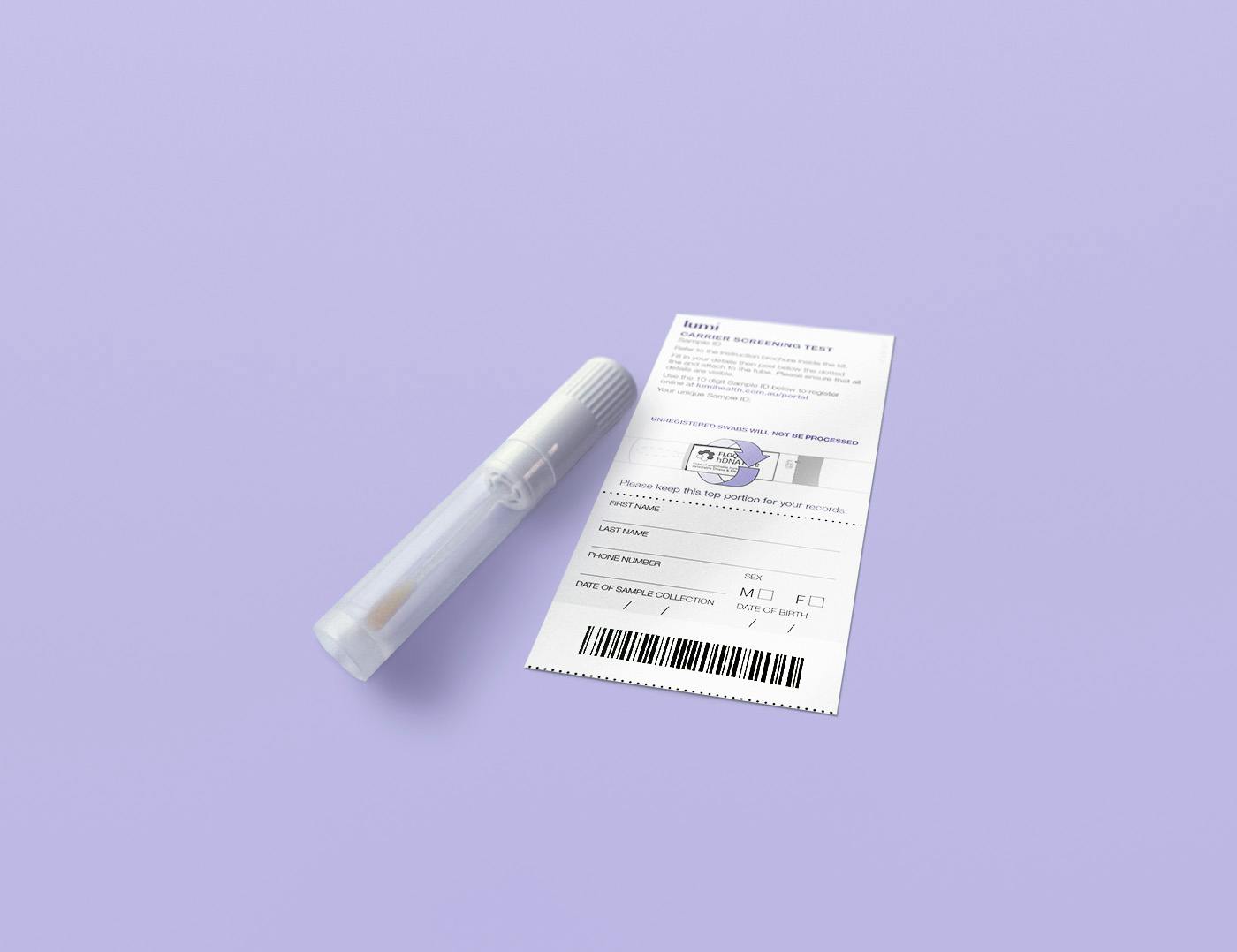 A Lumi cheek swab and Sample ID sticker