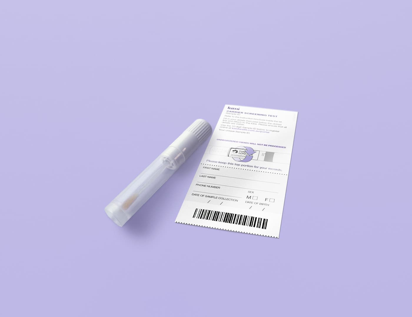 A Lumi cheek swab and Sample ID sticker