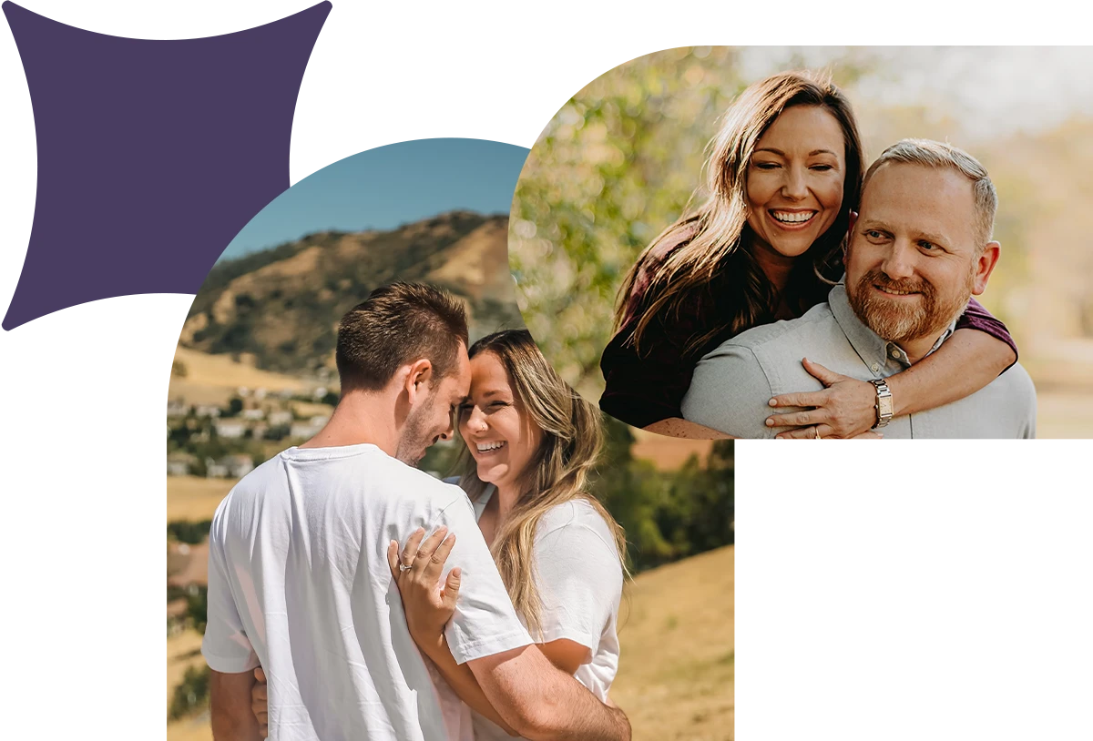 a collage with 2 images of people in a relationship, smiling outdoors