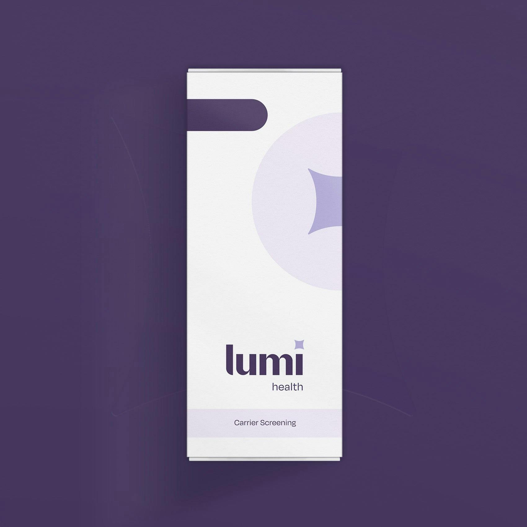 The front of a Lumi Health Comprehensive Carrier screening kit photographed from above