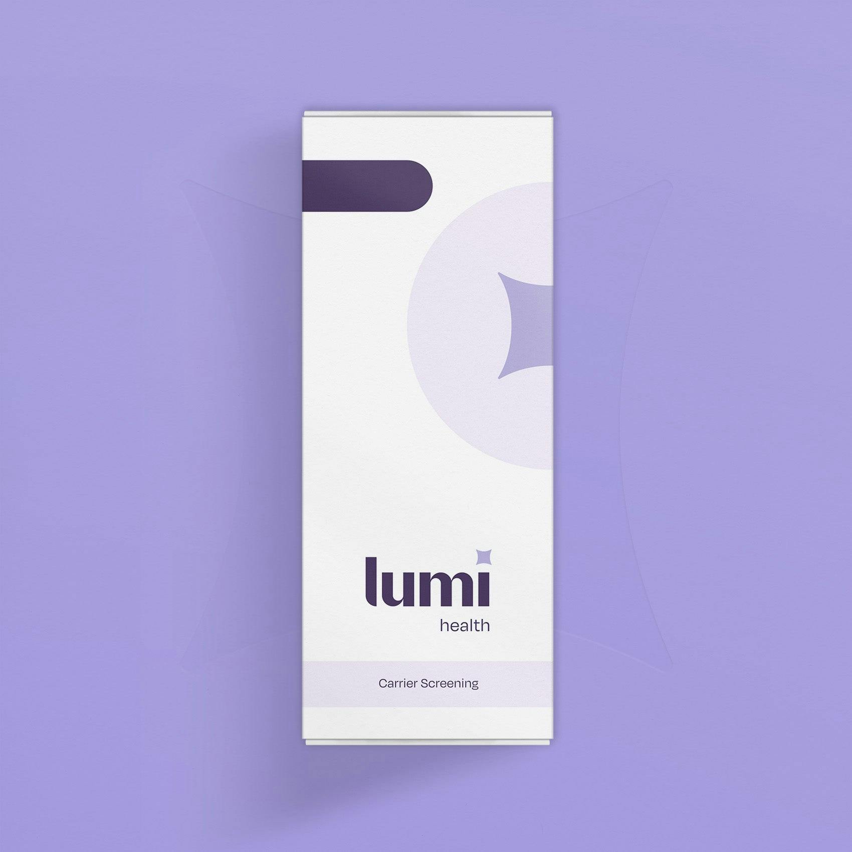 The front of a Lumi Health Extended Carrier screening kit photographed from above