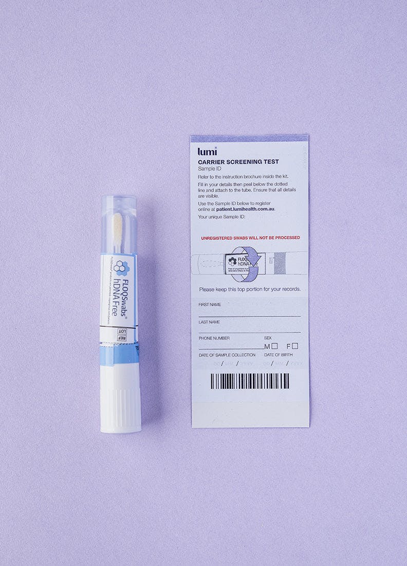 A photo of the 1 swab and Sample ID sticker included in a Lumi Health Standard Carrier Screening test