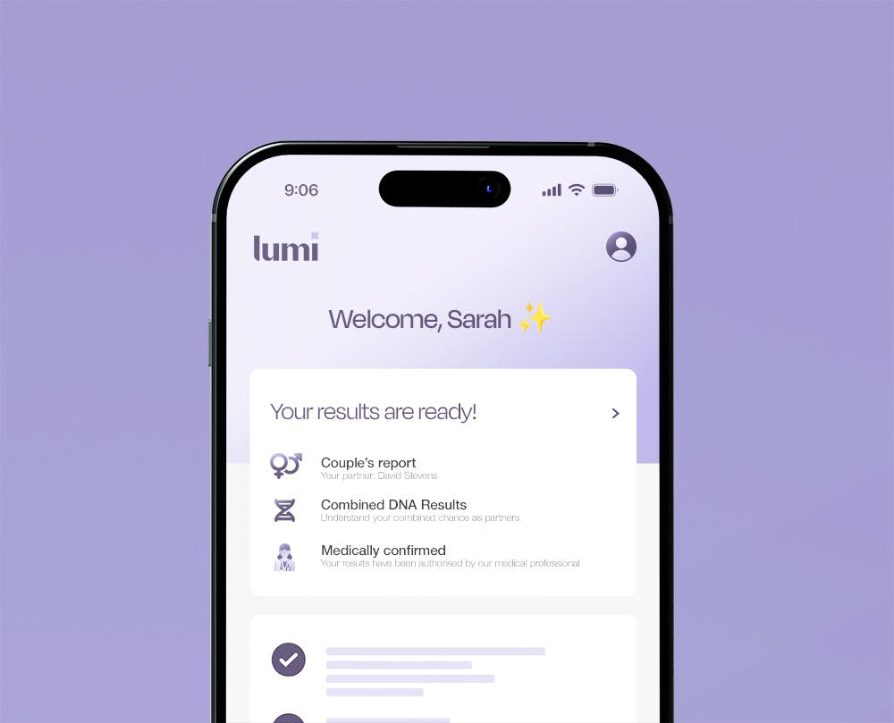 A phone showing the Lumi Patient portal