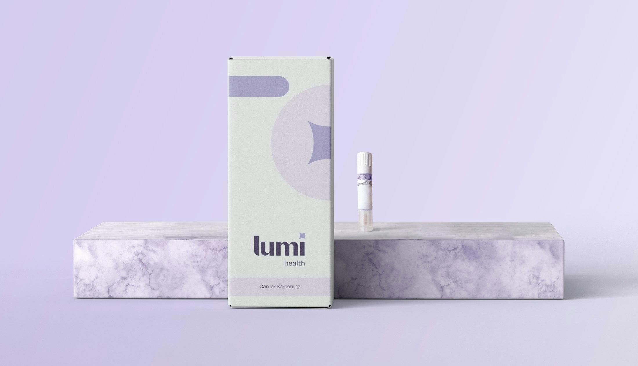 a front-on photo of a Lumi Health Standard Carrier Screening kit with a single swab